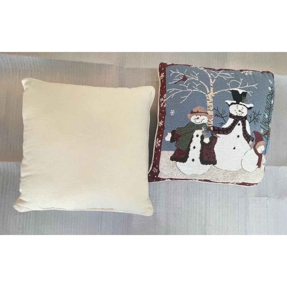 VTG Snowman Tapestry Throw Pillows 16x16 Lot of 2 Winter Christmas Holiday Decor